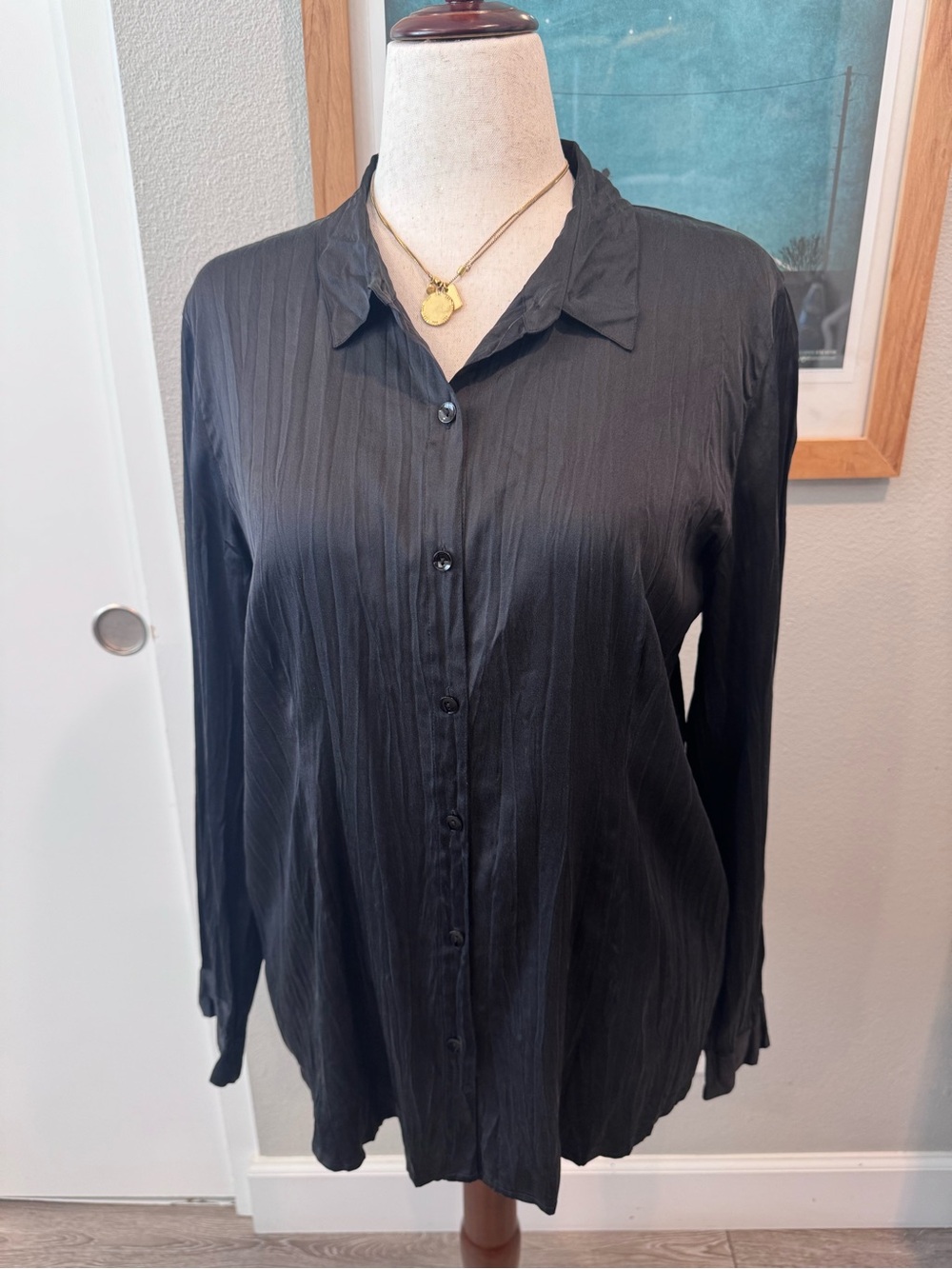 Eileen Fisher Crinkle Silk Black Long-Sleeve Button Front Blouse Size Medium